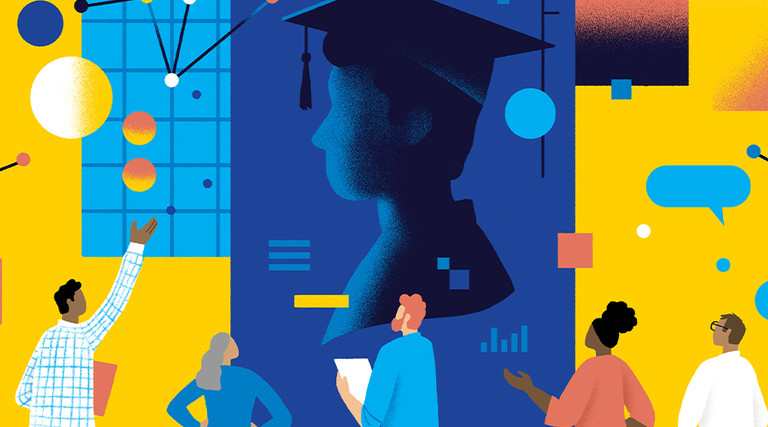 Illustration of people looking at a silhouette of a graduating student