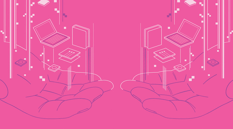Illustration of two hands accepting technology