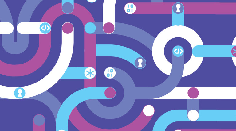 Illustration of shapes in purple, blue and white