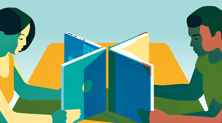 Illustration of two students reading a book and a laptop like a book