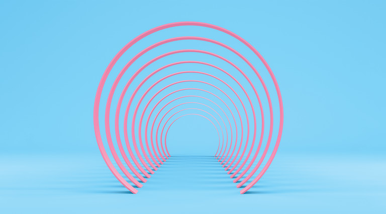 illustration of receding pink arches on a blue background
