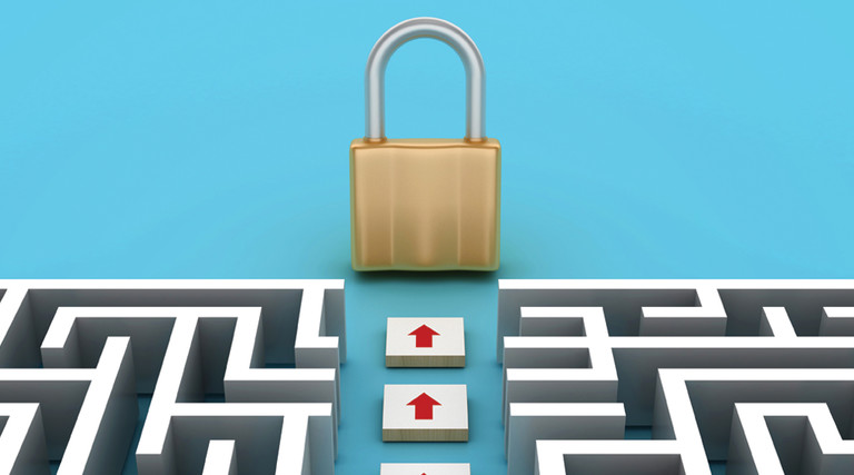 Illustration of path through maze to padlock to represent cybersecurity journey
